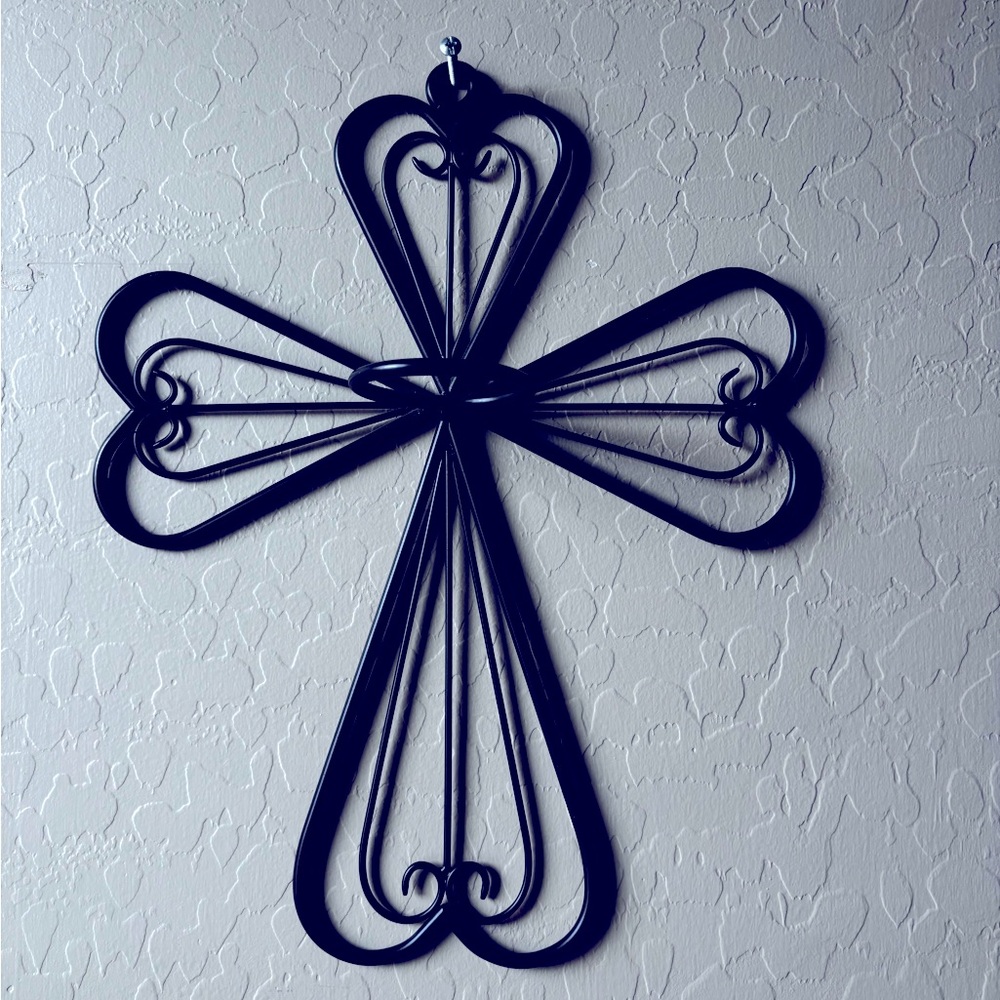 Candle holder. Metal Cross, Black.